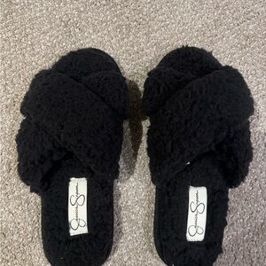 Jessica Simpson Black Sherpa Crisscross Slide Slippers